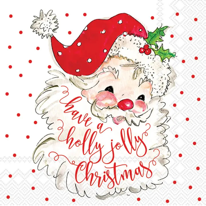 Christmas-themed design with a face wearing a red Santa hat and text 'Have a holly jolly Christmas' on a polka dot background.