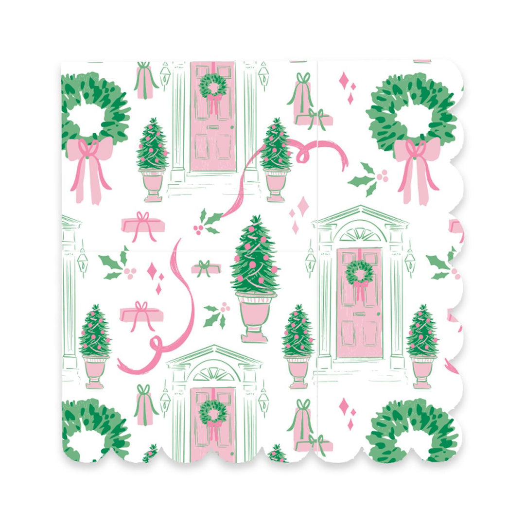 Decorative design with Christmas elements including wreaths, trees, and doors on a white background.