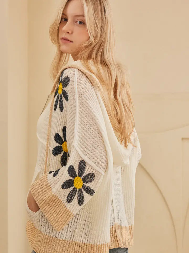 Hooded Floral Quarter Sleeve Top