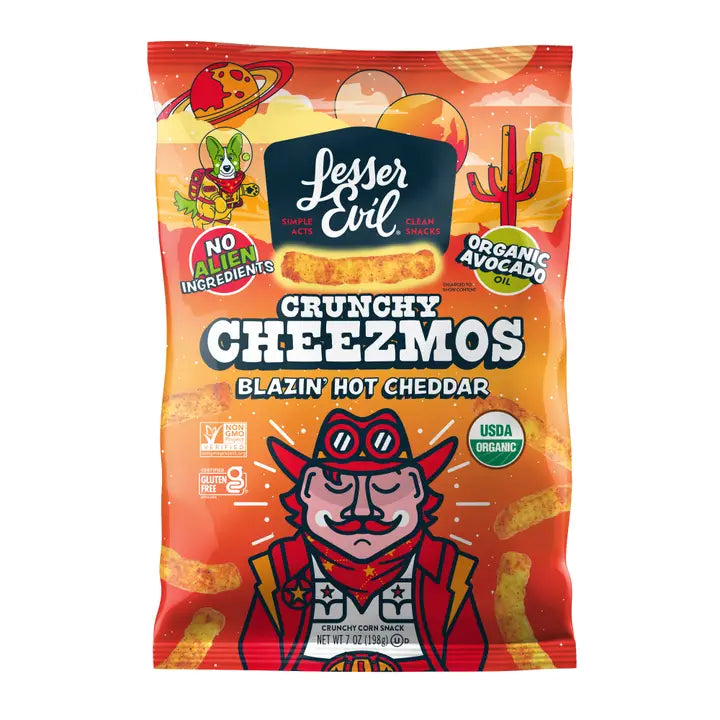 Packaging of Jesse Evil Crunchy Cheezmos Blazin Hot Cheddar snacks on a white background