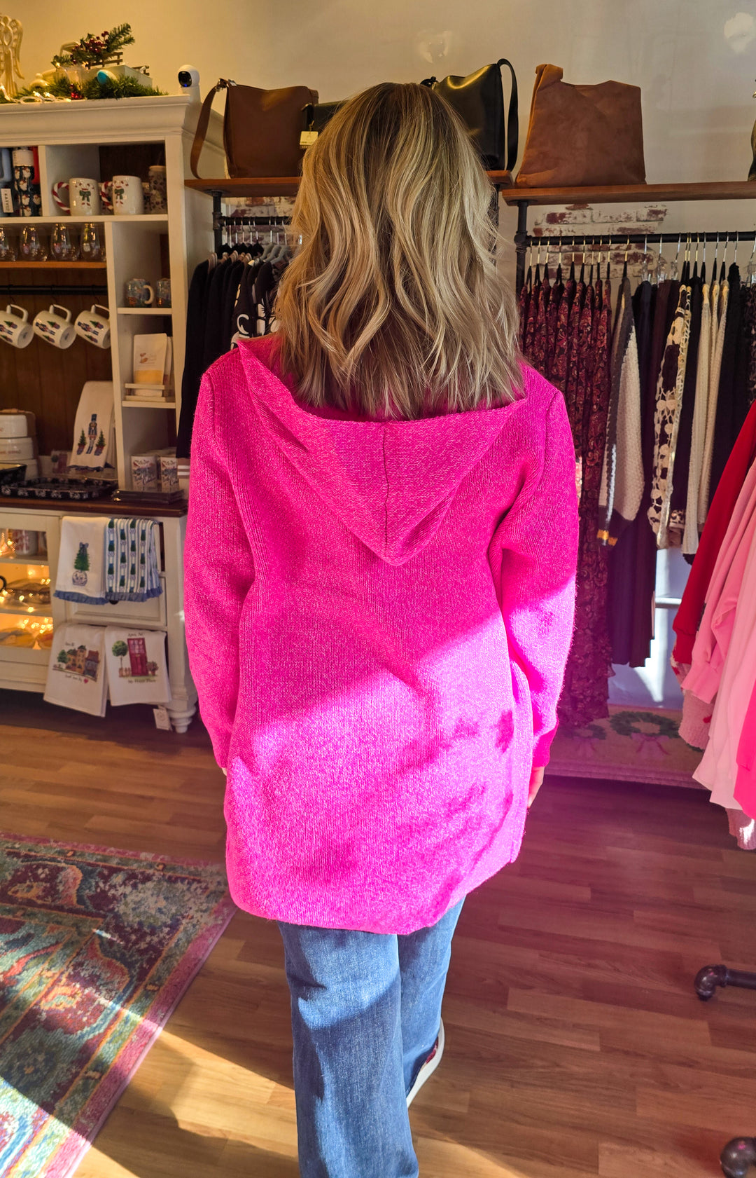 Hooded Open Front Cardigan in Neon Hot Pink