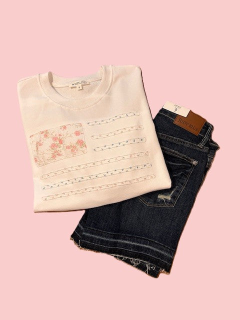 Floral Patch Flag Pullover Sweatshirt