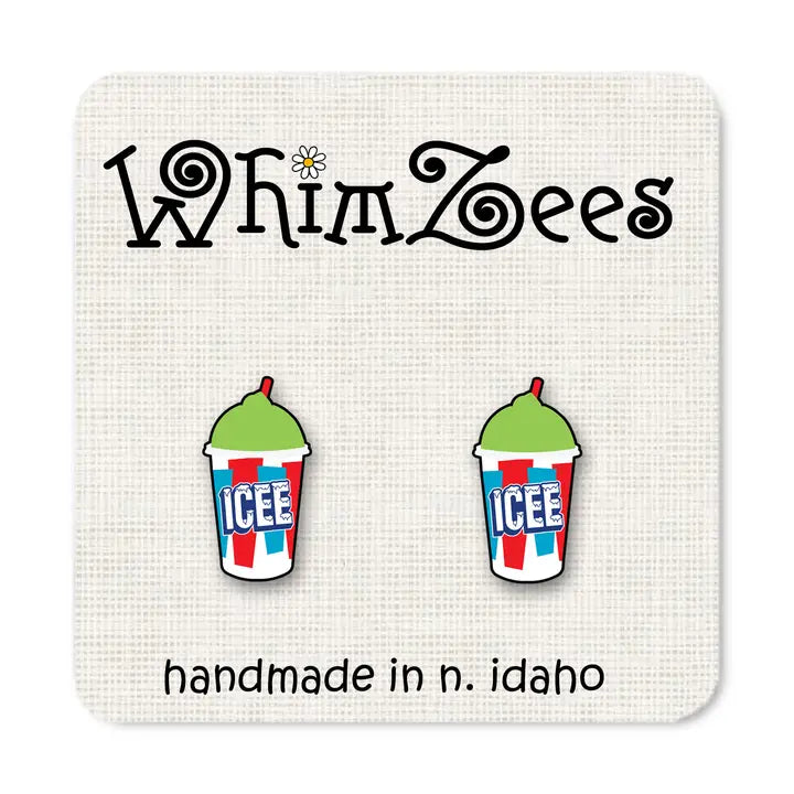 Colorful icee cup earrings on a white card with 'WhimZees' branding.