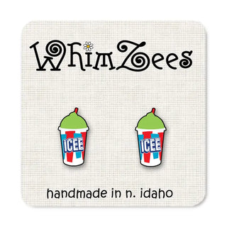 Colorful icee cup earrings on a white card with 'WhimZees' branding.