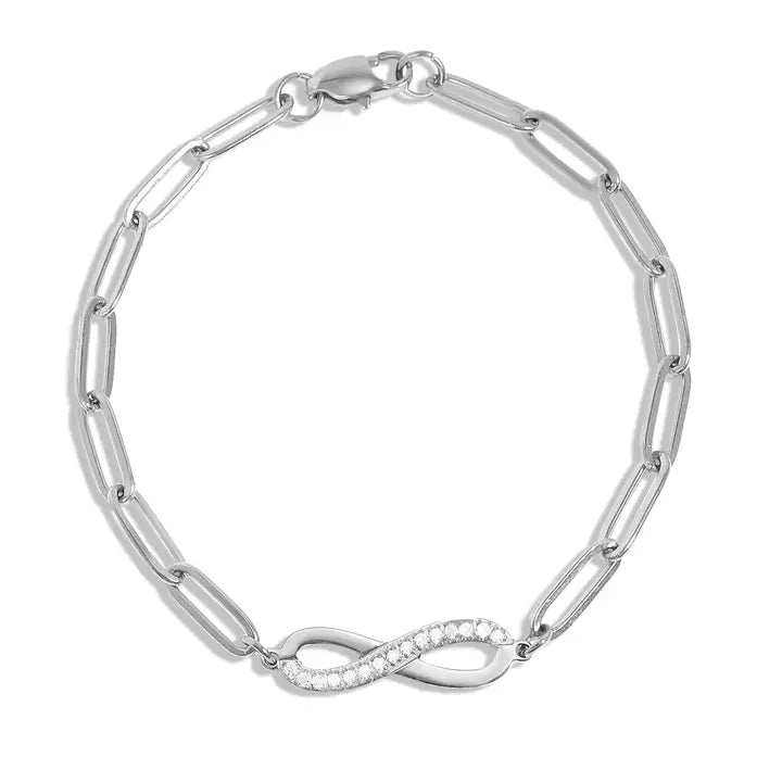 Silver bracelet with a diamond infinity symbol on a white background