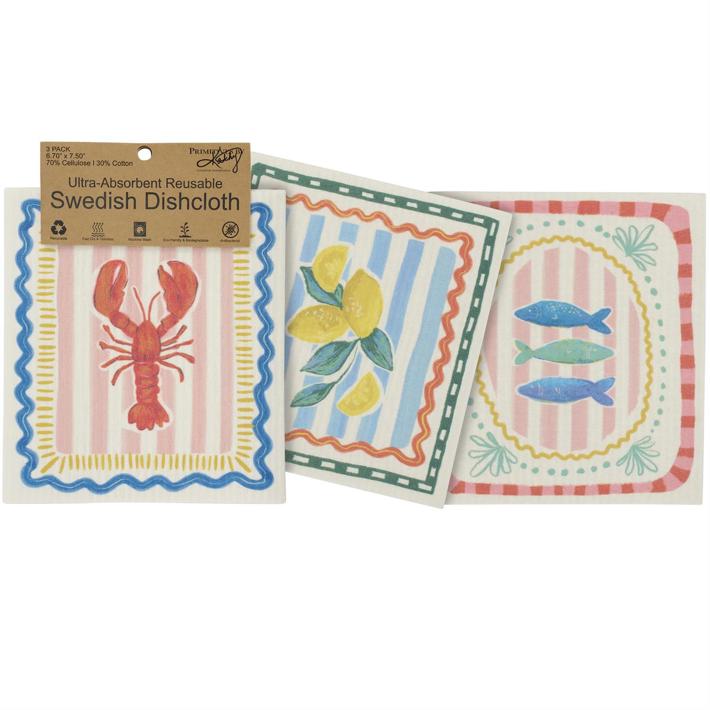 Three Swedish dishcloths with different designs on a white background