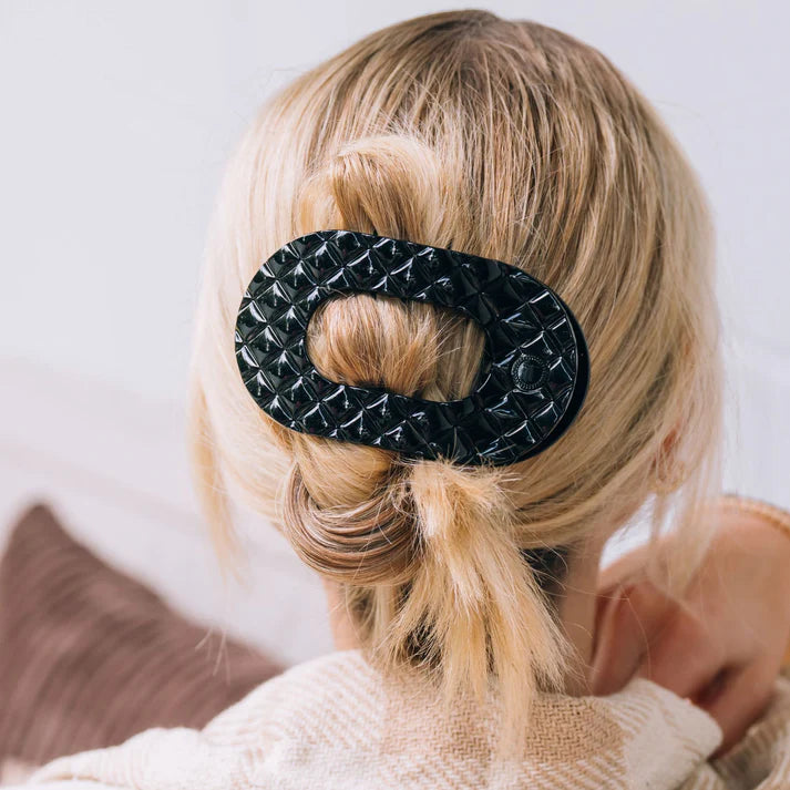 Teleties Flat Round Hair Clip- Jet Black Quilted