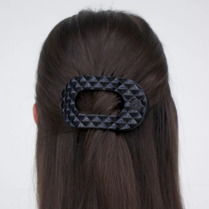 Teleties Flat Round Hair Clip- Jet Black Quilted