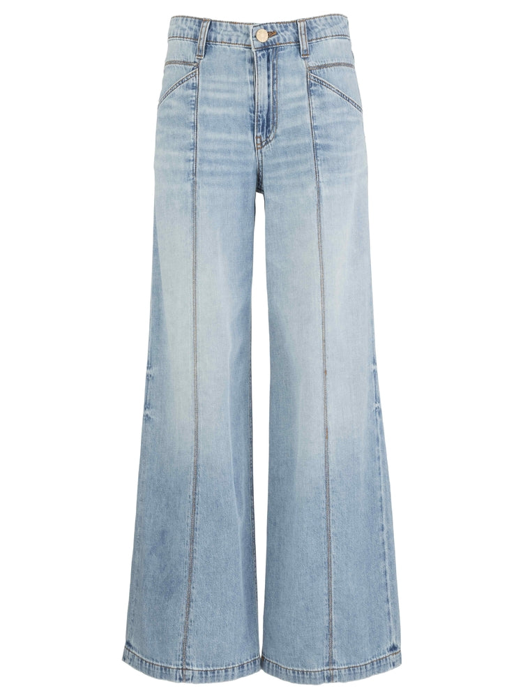 Light blue denim wide-leg jeans on a white background