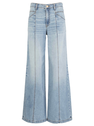 Light blue denim wide-leg jeans on a white background