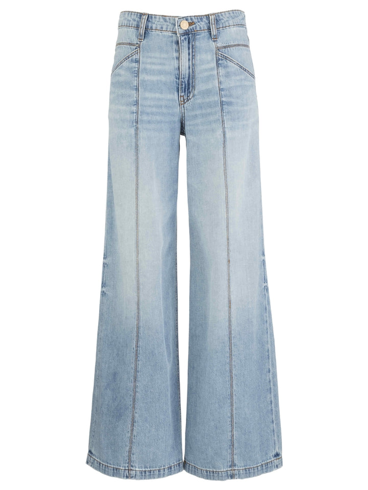 Light blue denim wide-leg jeans on a white background