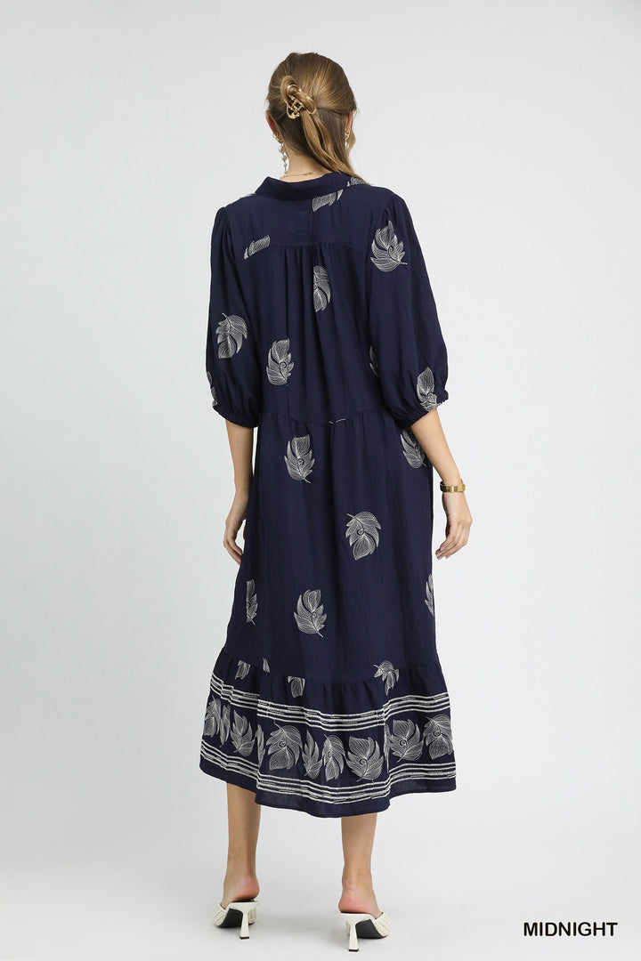Embroidered Collared Midi Dress in Midnight