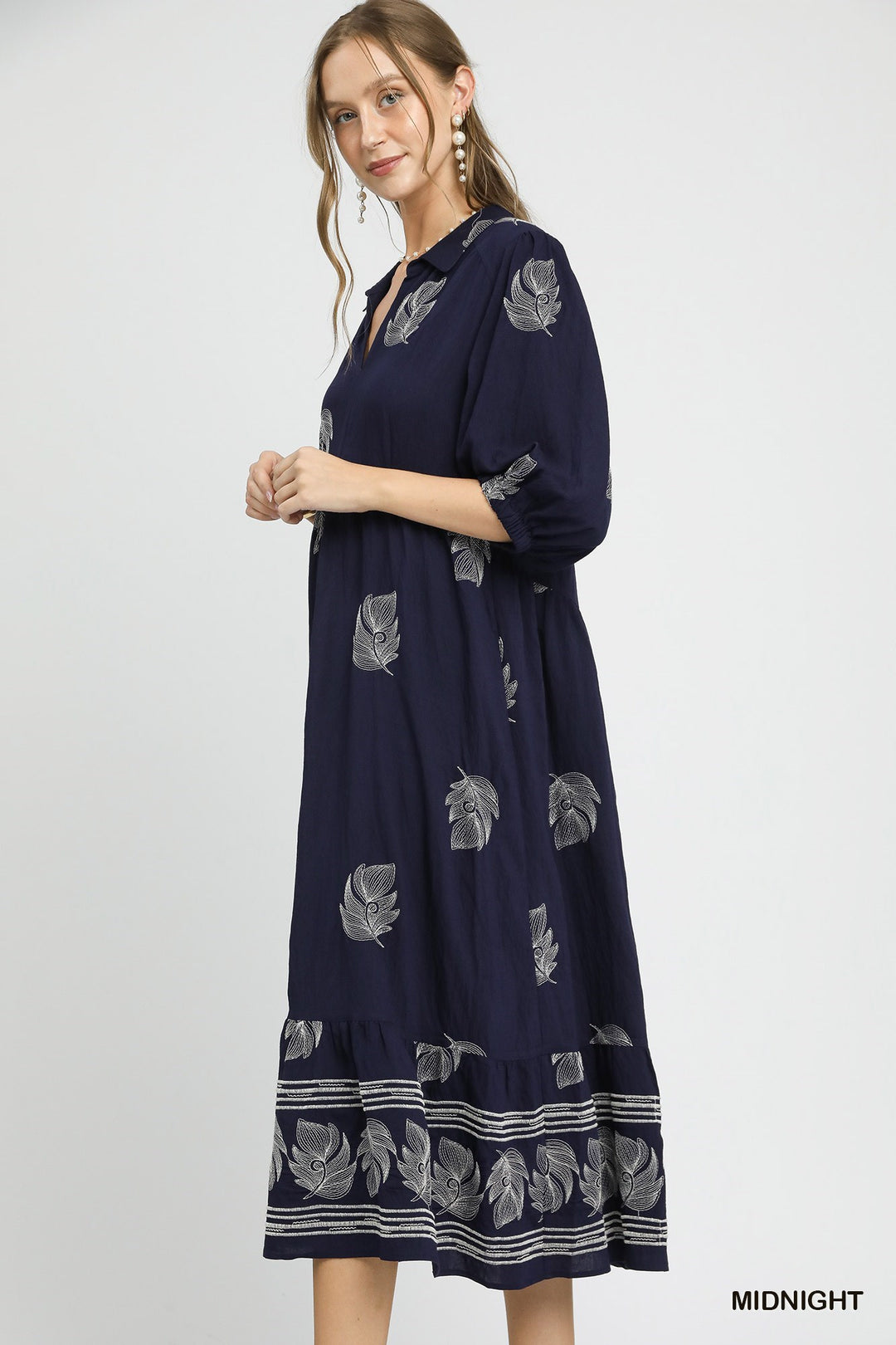 Embroidered Collared Midi Dress in Midnight