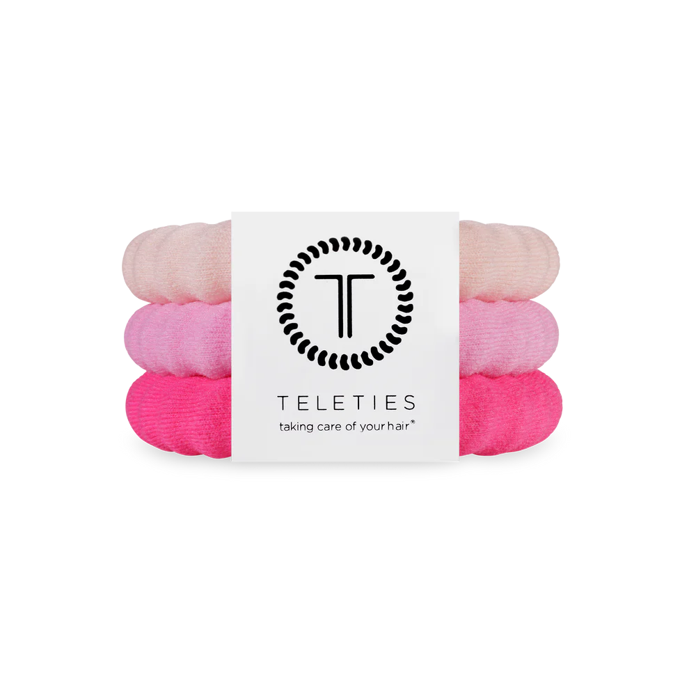set of 3 coil hair ties in pink hues 