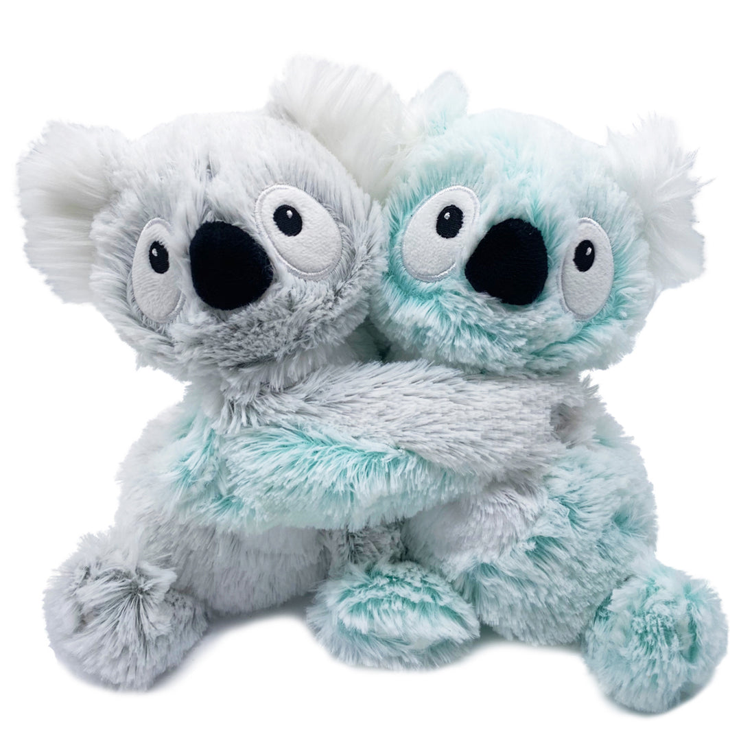 Two plush koalas, one gray and one turquoise, hugging each other on a white background.