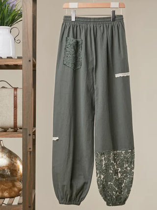 Lace Accents Patchwork Joggers in Sage Green