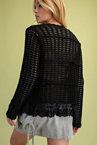 Lace Bottom Knit Cardigan in Black