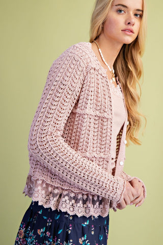 Lace Bottom Knit Cardigan in Blush