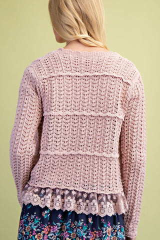 Lace Bottom Knit Cardigan in Blush