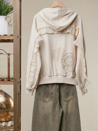 Lace Trimmed Zip-Up Hoodie with Crochet Accents