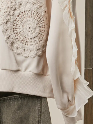 Lace Trimmed Zip-Up Hoodie with Crochet Accents