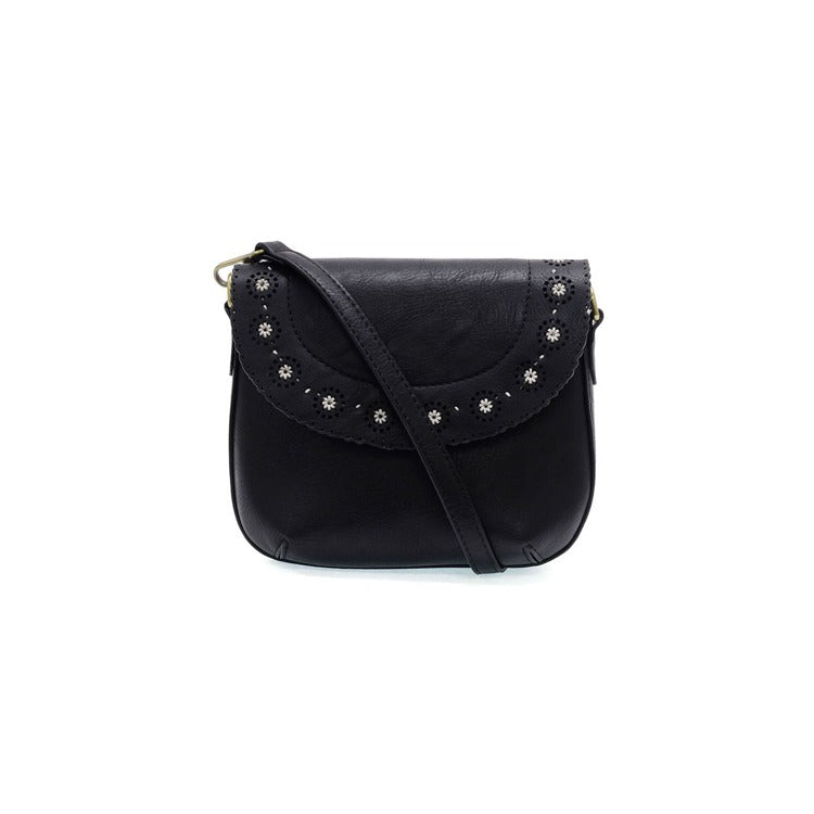 Black handbag with decorative studs on a white background