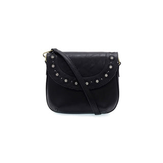 Black handbag with decorative studs on a white background