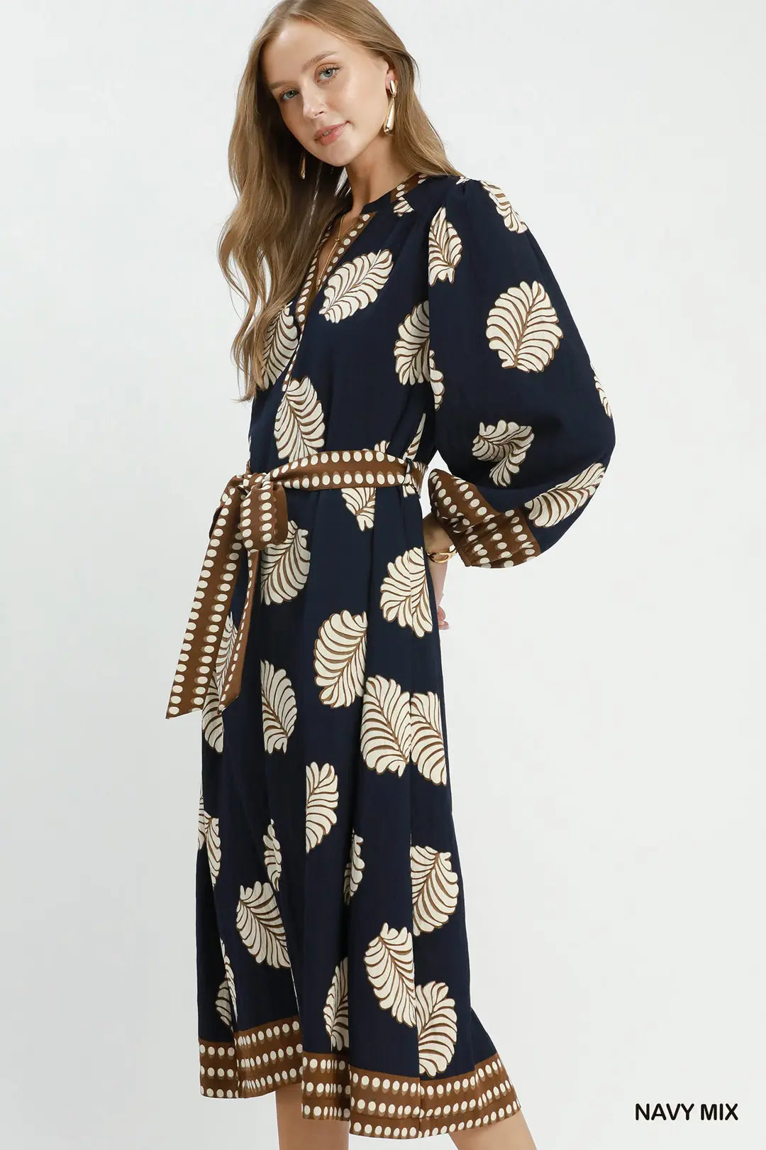 Leaf Print Belted Midi Dress in Navy