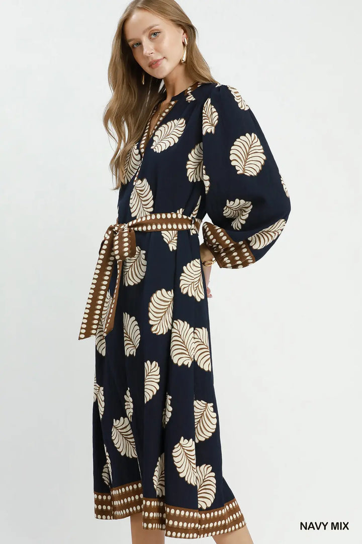 Leaf Print Belted Midi Dress in Navy