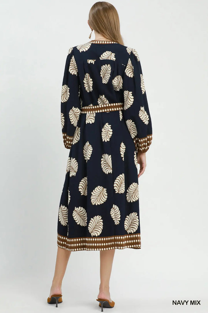 Leaf Print Belted Midi Dress in Navy