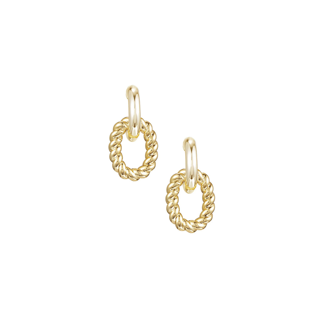 A pair of gold drop earrings featuring a twisted rope-textured oval dangle hanging from a smooth, polished gold hoop, shown on a plain white background.