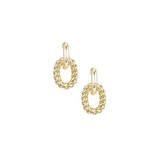 A pair of gold drop earrings featuring a twisted rope-textured oval dangle hanging from a smooth, polished gold hoop, shown on a plain white background.