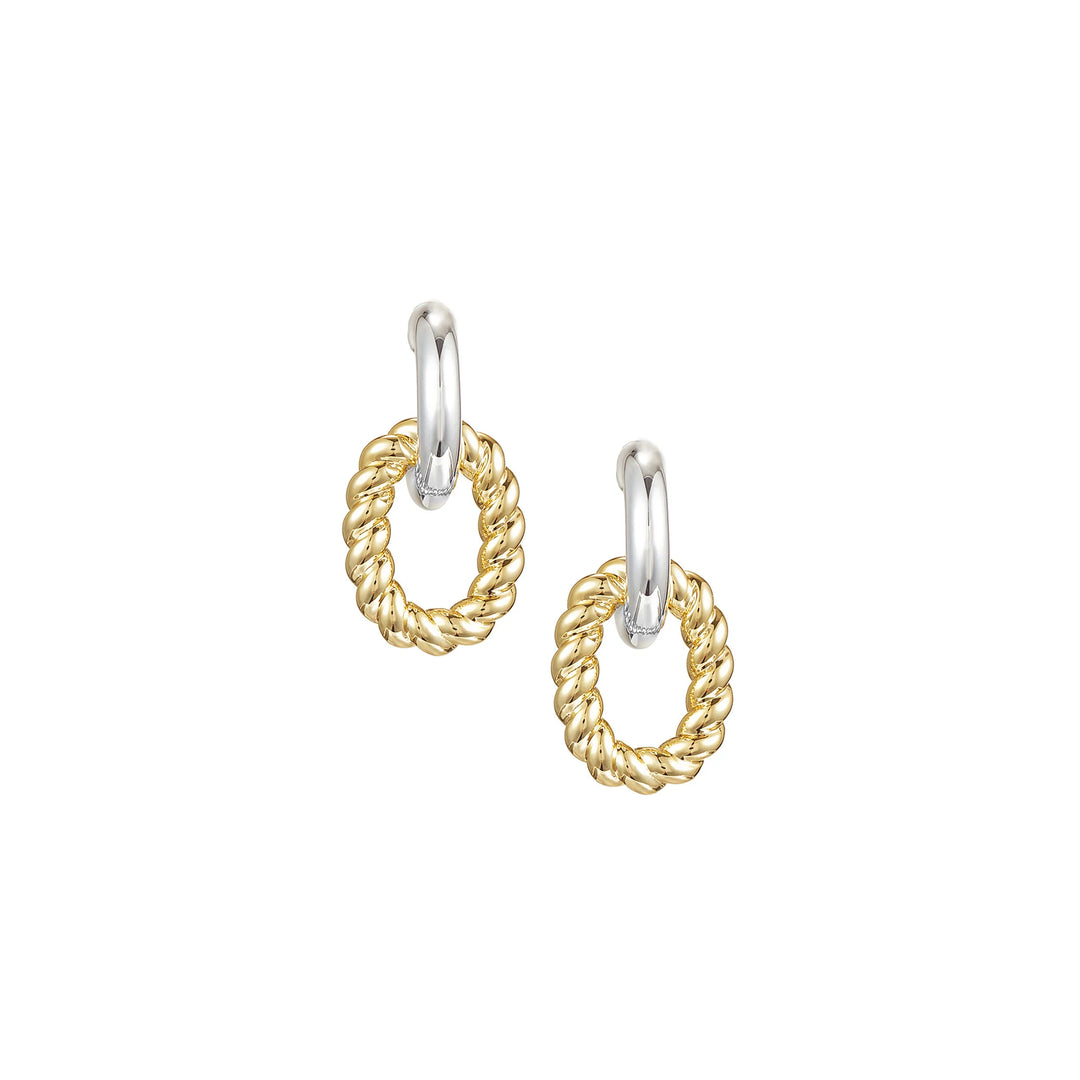 A pair of gold drop earrings featuring a twisted rope-textured oval dangle hanging from a smooth, polished silver hoop, shown on a plain white background.