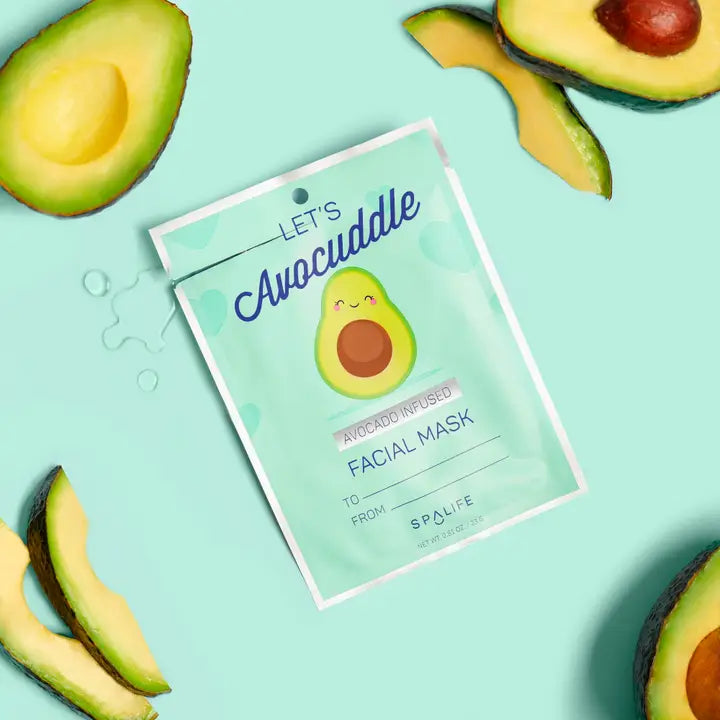 Avocado-infused facial mask with avocados on a light blue background
