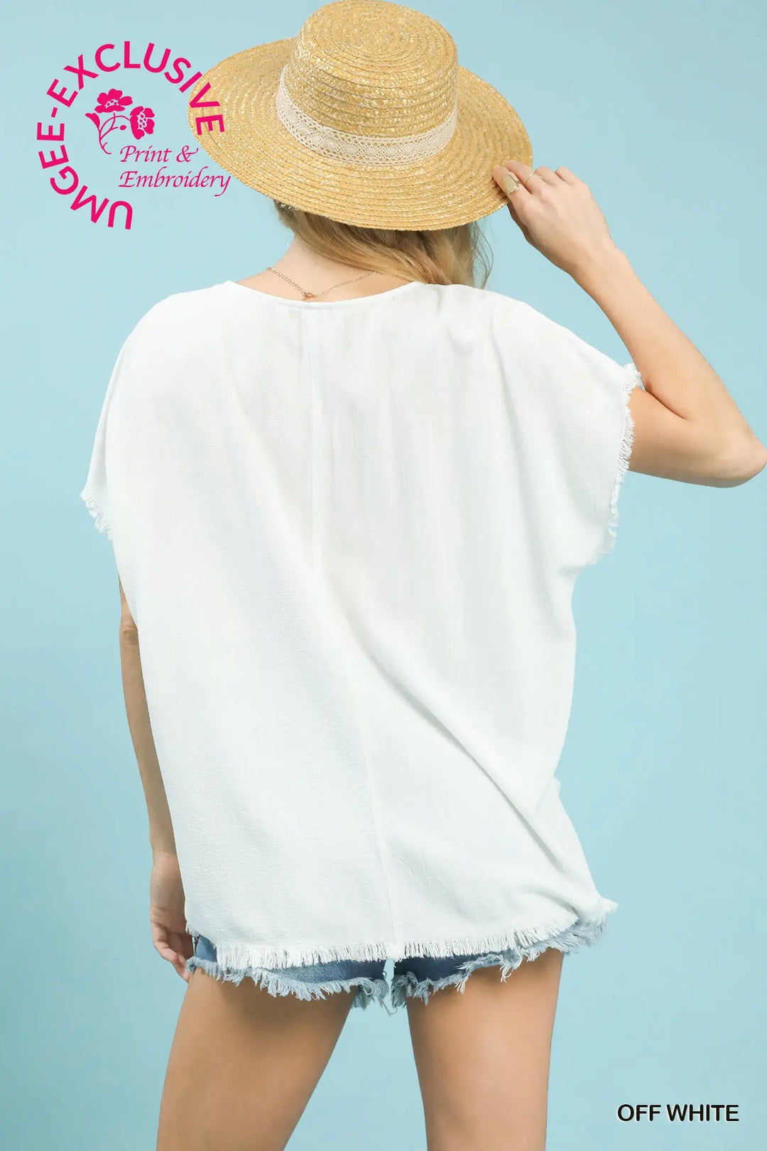 Linen Embroidered Frayed Hem Top in Off White