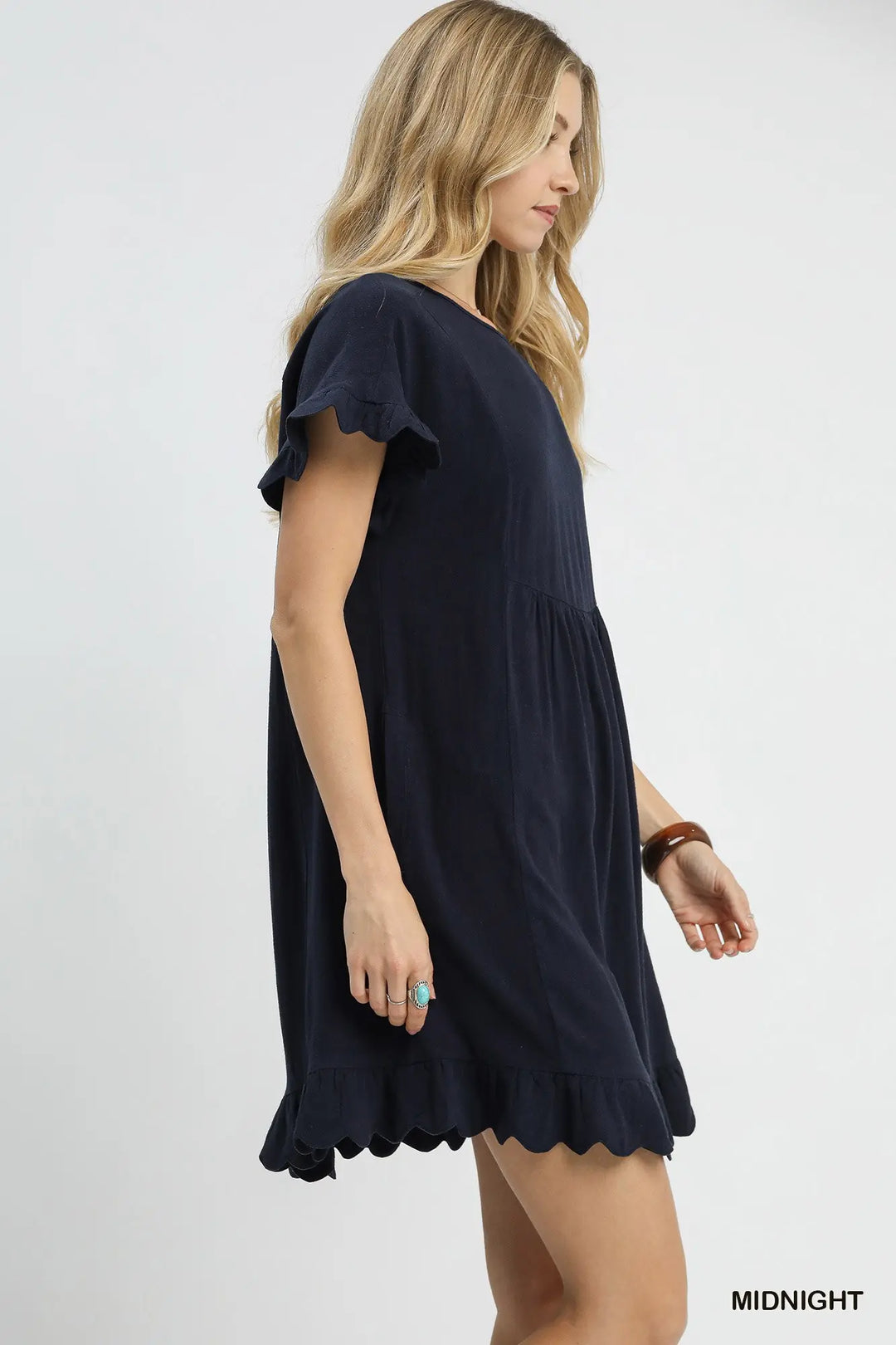 Linen Ruffle Hem Babydoll Dress in Midnight