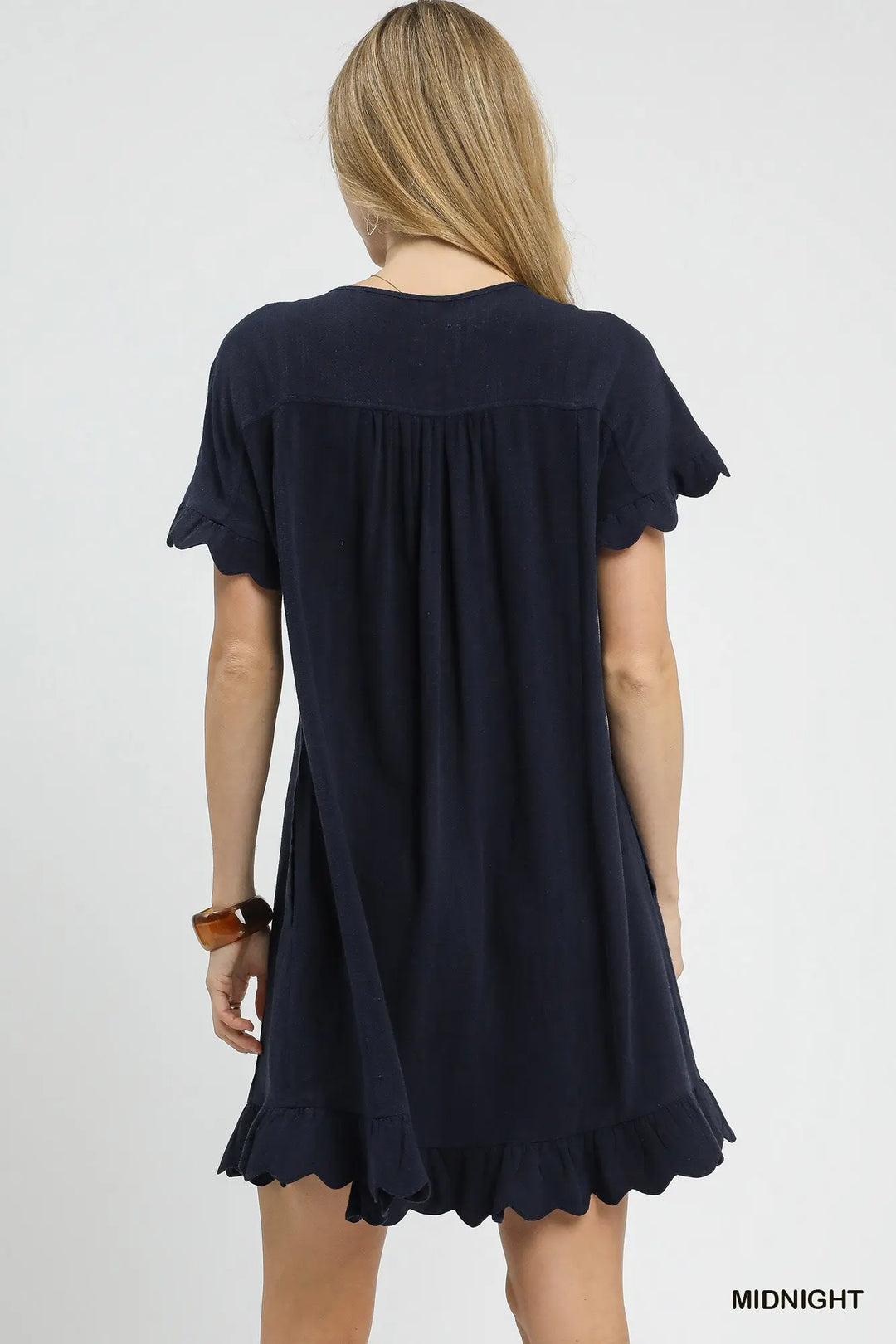 Linen Ruffle Hem Babydoll Dress in Midnight