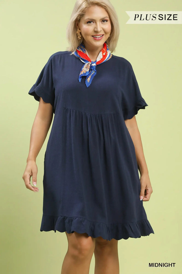 Linen Ruffle Hem Babydoll Dress in Midnight