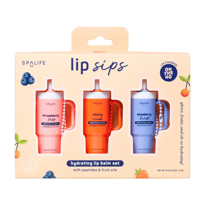 SpaLife lip balm set packaging with three lip balms in different colors on a beige background.