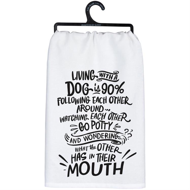 White towel with black text on a hanger
