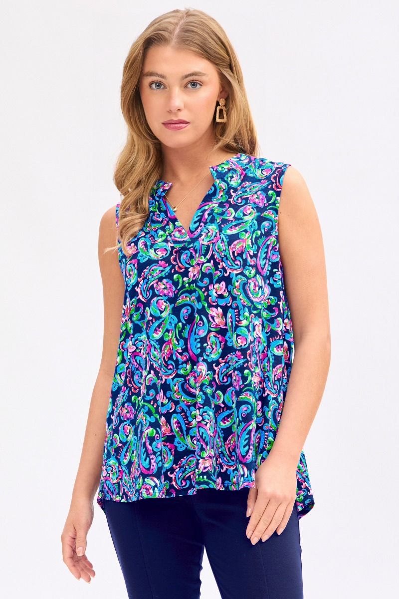 blue loose tank with pink and green floral design