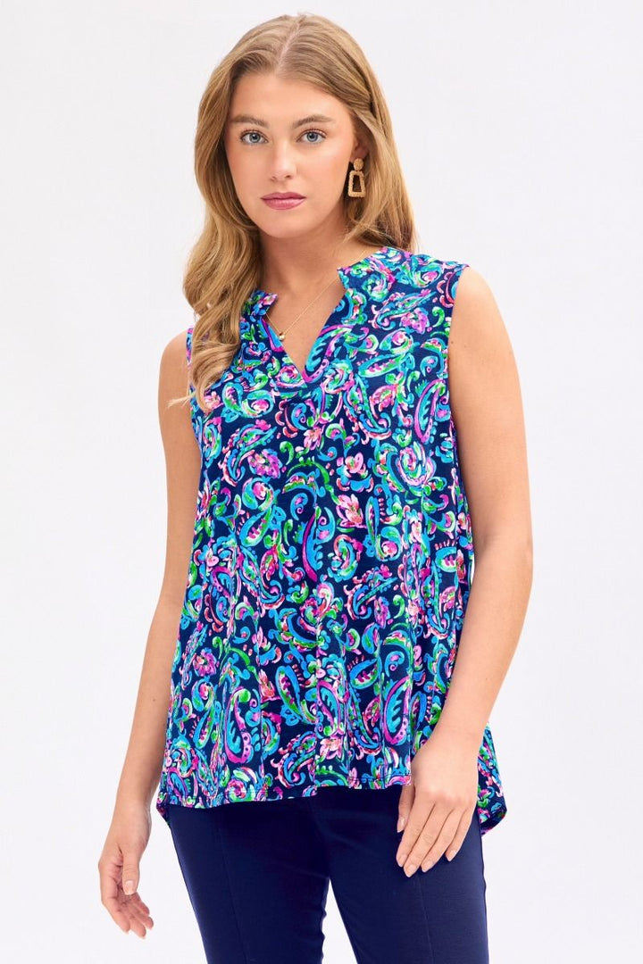 blue loose tank with pink and green floral design