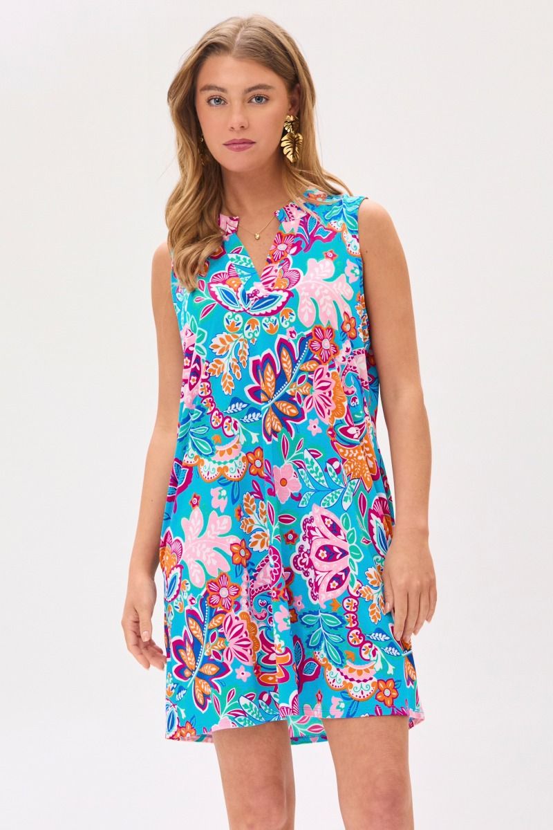 Blue tank dress with pink and orange floral design
