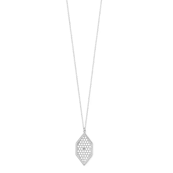 Silver necklace with a diamond-shaped pendant on a white background