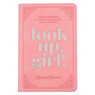 Pink book titled 'look up, girl!' with decorative elements on a white background