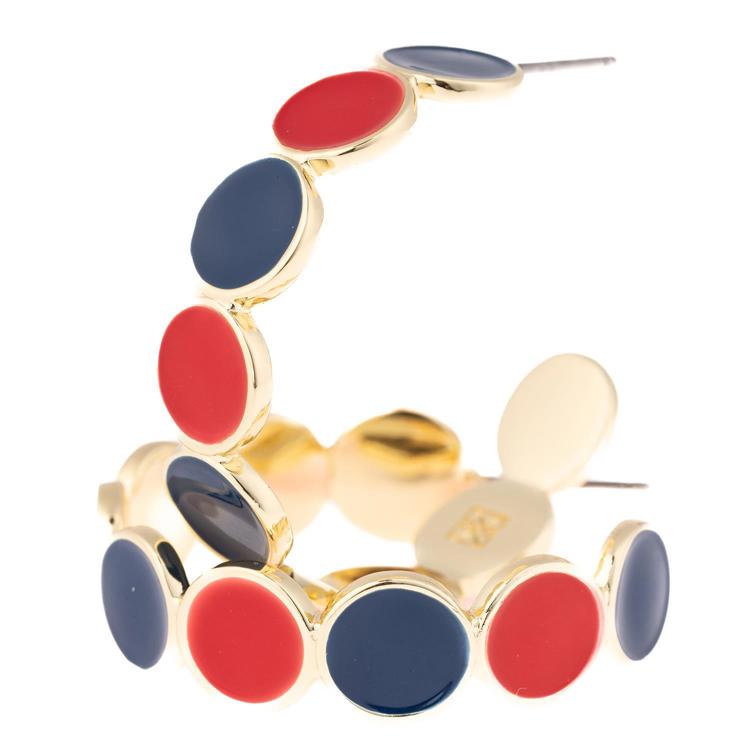 Gold bracelet with red and blue circular charms on a white background
