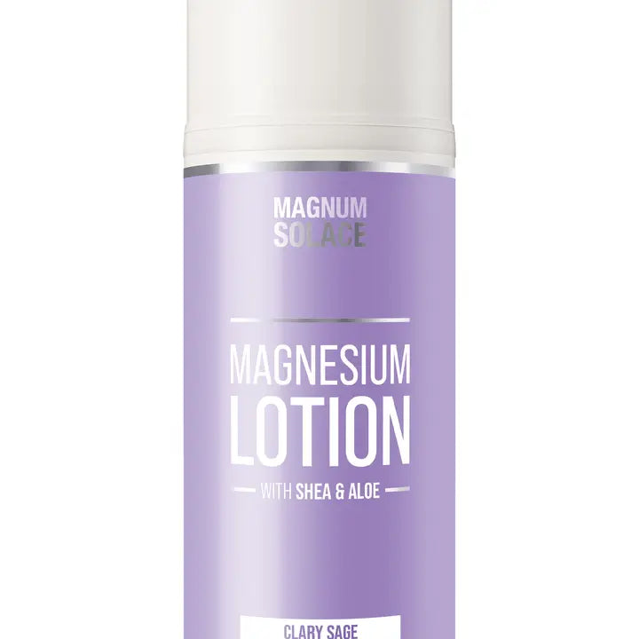 Purple bottle of Magnum Solace magnesium lotion with shea and aloe on a white background