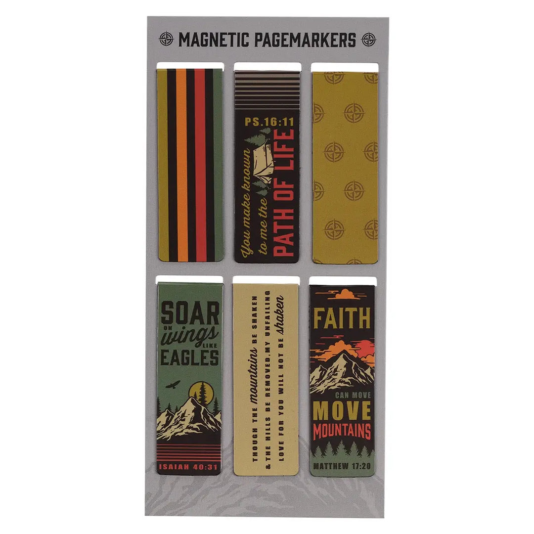 Set of magnetic pagemarkers with various designs and text on a gray background