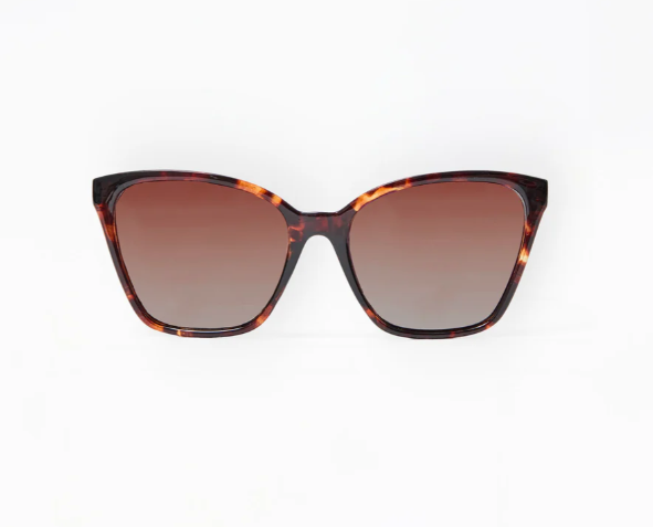 Sunglasses with tortoiseshell frame and brown lenses on a white background