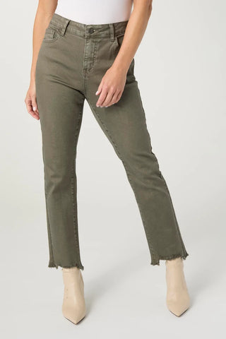 olive green straight leg jeans with cut off hem